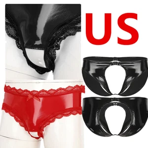 US Men's PVC Leather Wetlook Sissy Lace Trim Open Crotch Briefs Bikini Underwear - Picture 1 of 42