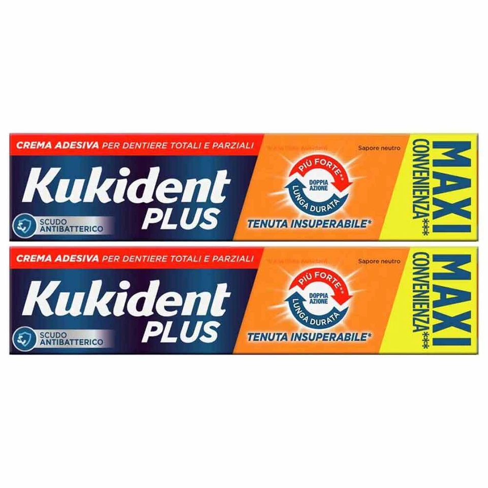 Kukident Plus Doppia Azione MAXI Crema Adesiva Dentiere Totali Parziali, 2x65g