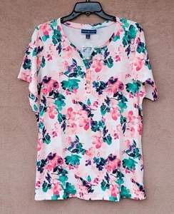 *NEW* Karen Scott Pretty Floral on a Pink Top Henley Neck Short Sleeve - NWT - Picture 1 of 15