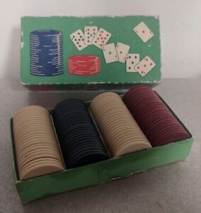 Vintage Box of Anchor 1.5" Plain Red White Blue Clay Poker Chips Cincinnati USA