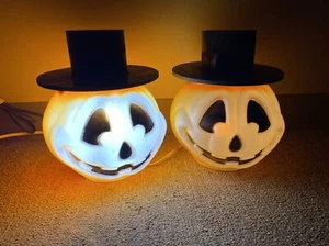 Vintage Lot of 2 Halloween 11” Blow Mold PUMPKINS Working *See Description* - Picture 1 of 10