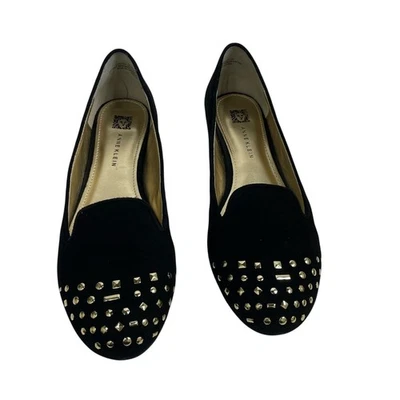 Zapatos planos sin cordones ANNE KLEIN Curran para mujer talla 7,5 de gamuza negra dorada con tachuelas IOB Foto 1 de 4