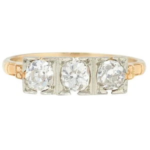 Retro 0.75 CTW Old Mine Platinum 14 Karat Yellow Gold Vintage Three Stone Ring - Picture 1 of 8