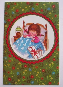Grußkarte Mädchen im Bett mit Geschenken unsigniert Vintage Weihnachten *XX22 - Bild 1 von 3