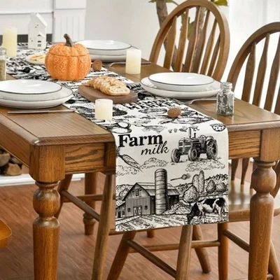 Table Runner 13x90in Country Farm Milk Cows Chickens off white and black - Image 1 of 3