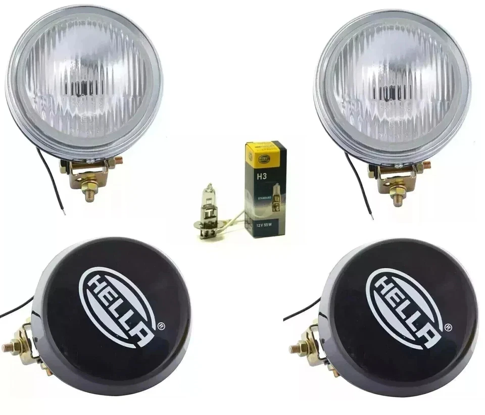 Pair Hella Round Fog Lamp Clear Glass + Cover With H3 12V 55 Bulb Universal - Image 1 of 4