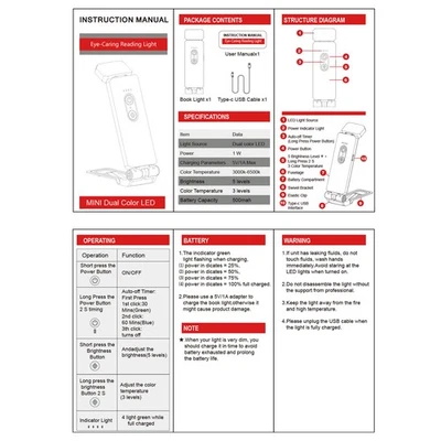 (Black)Reading Lights For Books In Bed Portable Clip-on LED USB Rechargeable TDW - Image 1 of 4