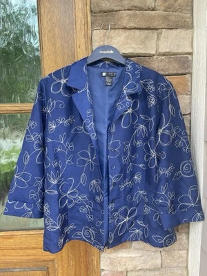 Carol Little Chaqueta Seda Azul Bordada Blazer Manga 3/4 Talla L Foto 1 de 4