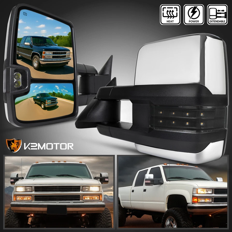 Fits 1988-1998 Chevy C/K 1500 Chrome Power Heated Tow Mirrors+Smoke LED Signal - Image 1 of 4