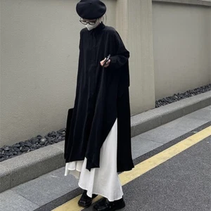 Japanese Women Long Sleeve Retro Loose Dress Split Shirt Dress Casual - Picture 1 of 17