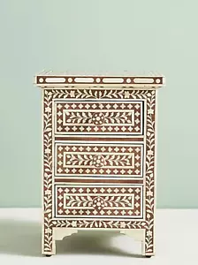 Bone Inlay Floral Design 3-Drawer Bedside Table – Handcrafted Brown Side Table - Picture 1 of 4