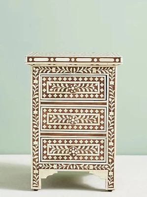 Bone Inlay Floral Design 3-Drawer Bedside Table – Handcrafted Brown Side Table - Image 1 of 4