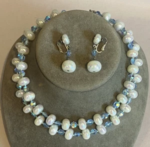 VTG VOGUE Necklace Dangle Earrings Set Glass AB Pearlized/Iridized Crystal Beads - Picture 1 of 10