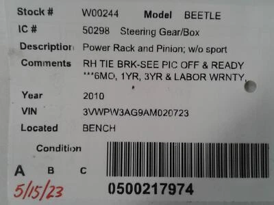 Used Rack and Pinion Assembly fits: 2010 Volkswagen Beetle Power Rack and Pinion Foto 1 de 4