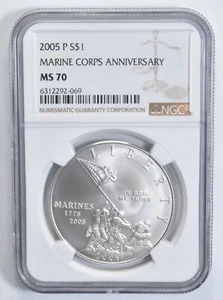 MS70 2005 P MS70 Marine Corps Commemorative Silver Dollar NGC - Picture 1 of 5