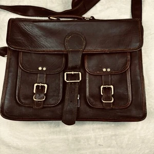Leather Motorcycle Briefcase Messenger School With Shoulder Strap Brass hardware - Picture 1 of 15