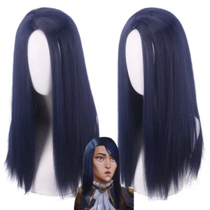 Arcane Caitlyn Cosplay Wig Dark Blue Long Straight Heat Resistant Synthetic Hair - Picture 1 of 5