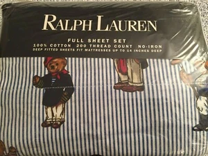 NIP Ralph Lauren Polo TEDDY BEAR Double/Full Blue/White Striped 4PC Sheet Set - Picture 1 of 7