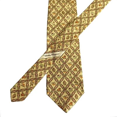 SALVATORE FERRAGAMO Mens Silk Tie Yellow Floral Animal Elephant Camel Giraffe - Image 1 of 4
