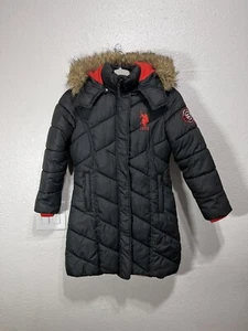 U.S. Polo Assn. Girls' Bubble Parka Jacket Removable Hood Black/Red Size M - Picture 1 of 12