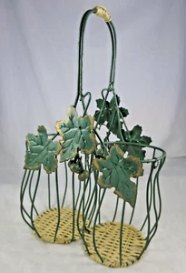 Metal Wire Wicker 2 Wine Bottle Caddy Carrier Tote Grape Leaf Accents Handle 14" - Picture 1 of 9