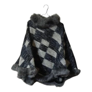Women's luxury wool and fur shoulder shawl, Black &Gray made in Italy . - Picture 1 of 5