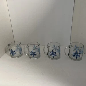 4 Vintage Libbey Mugs Winter Blue & White Snowflake Glass Coffee Tea Cocoa - Picture 1 of 7