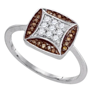 Anello donna oro bianco 10 kt tondo diamante marrone aquilone quadrato a grappolo 1/4 ct - Foto 1 di 1