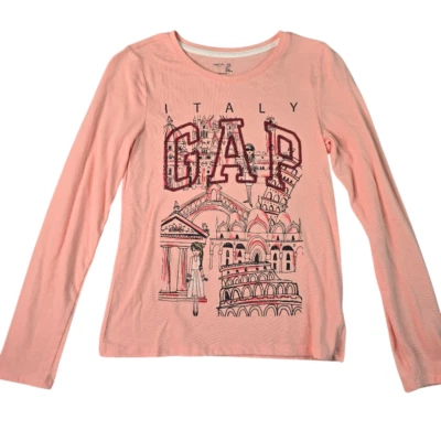 Camisa Gap Niñas Melocotón Manga Larga XL Italia Escena Logo Spellout Cuello Redondo Elastizada Foto 1 de 4
