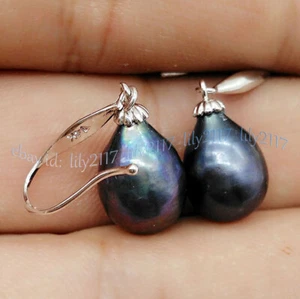 AAA+ 10-12MM REAL NATURAL TAHITIAN BLACK BAROQUE PEARL DANGLE EARRING 14k gold - Picture 1 of 6