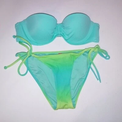Victoria Secret Swim Bikini 32A Top XS Bottom Aqua Blue Green Strapless Bandeau - Image 1 of 4
