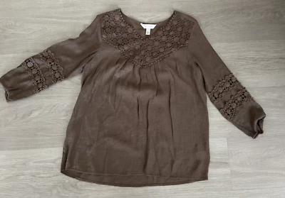 Krazy Kat 衬衫女式 S 码棕色钩针 V 领农民套衫上衣 — 第 1/4 张图片