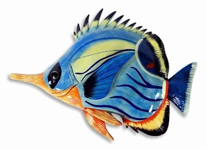 Handbemalte große 17" tropische Fische Wandhalterung Dekor Skulptur blaue Welle U04T - Bild 1 von 3
