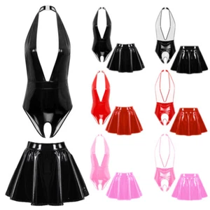 Damen Sexy Wetlook Body Outfits Oil Glänzend Lack Leder Dessous mit Faltenrock - Picture 1 of 44