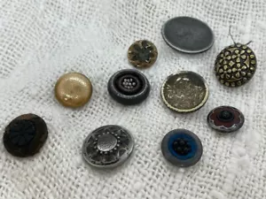 10 Antique 1800s Pad-Back Metal Buttons, Cut Steel, Glass in Fabric, Perfume - Picture 1 of 12