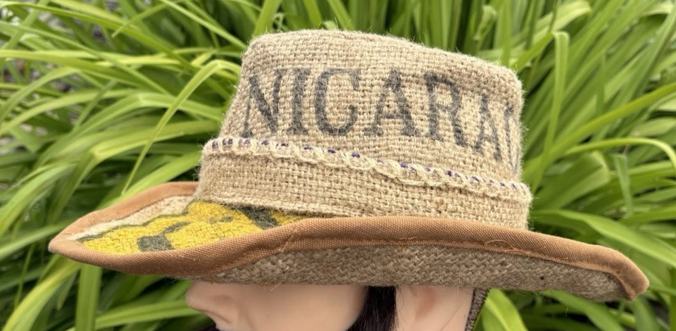 Cowboy Hat Burlap Coffee Sack size 7 1/4 or M handmade  upcycled NICARAGUA - Image 1 of 4