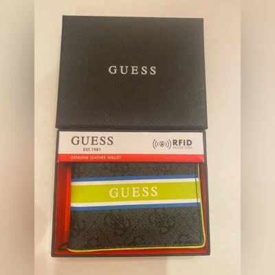 Guess Genuine Leather Wallet RFID Protection Black and Green/Yellow NWT - Image 1 of 4