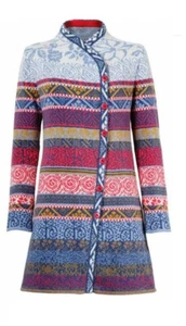 Ivko Blue Coat Wool Geometric Pattern Blossoms Collar High - Picture 1 of 1