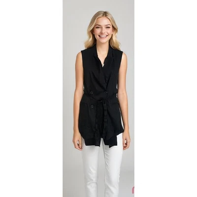 Jason Wu Sleeveless Blazer Blouse Sz M Black Linen Blend Belted Lagenlook - Image 1 of 4