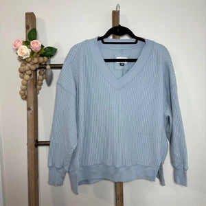 American Eagle übergroßes blaues Waffelmuster-Strick-Sweatshirt mit V-Ausschnitt Größe XL - Bild 1 von 8