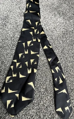 Gravata Vintage Masculina Feita no Reino Unido 100% Acetato Azul Marinho Bege Estampada Geométrica - Imagem 1 de 2