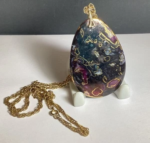 VINTAGE HANDBEMALT 24" PORZELLAN TROPFEN ANHÄNGER HALSKETTE LILA SCHWARZ GOLDFARBEN - Bild 1 von 8