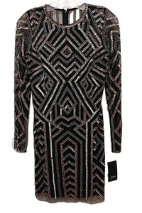 Vestido Aidan Mattox Cuentas 2 Negro Dorado Geométrico Diseñador Holiday Regency $265 - Imagen 1 de 23