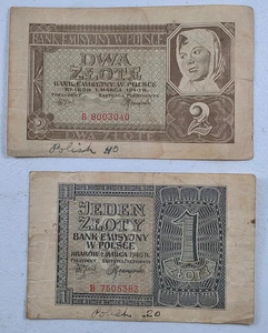 2pcs 1940 Poland 1, 2 Zlote Zloty Notes #16B - Picture 1 of 4