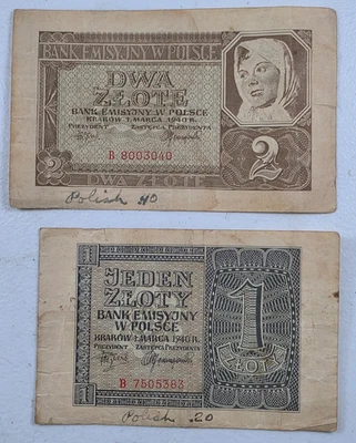 2pcs 1940 Poland 1, 2 Zlote Zloty Notes #16B - Image 1 of 4