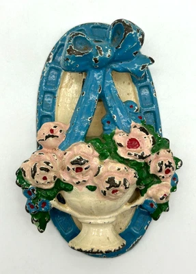 VTG Hubley #124 Cast Iron Door Knocker ~Pink Flowers in White Urn w/ Blue Bow 4" - Image 1 of 4