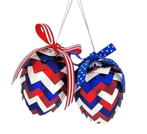Handmade Red White Blue Patriotic Paper Pinecone Christmas Tree Holiday Ornament - Picture 1 of 3