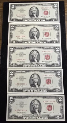 Billete de dos dólares 1963 sello rojo - ¡Lote UNC de 5 números de serie consecutivos!! Foto 1 de 2