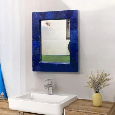 Espejo hecho a mano de lapislázuli azul: decoración interior de baño de piedra de lujo Foto 1 de 4