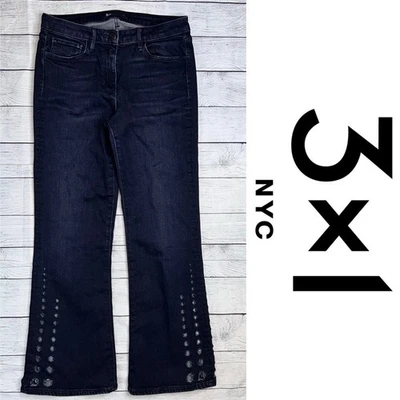 Pantalones de mezclilla recortados 3x1 NYC para mujer corte bota detalle de ojales elásticos lavado oscuro talla 28 Foto 1 de 4